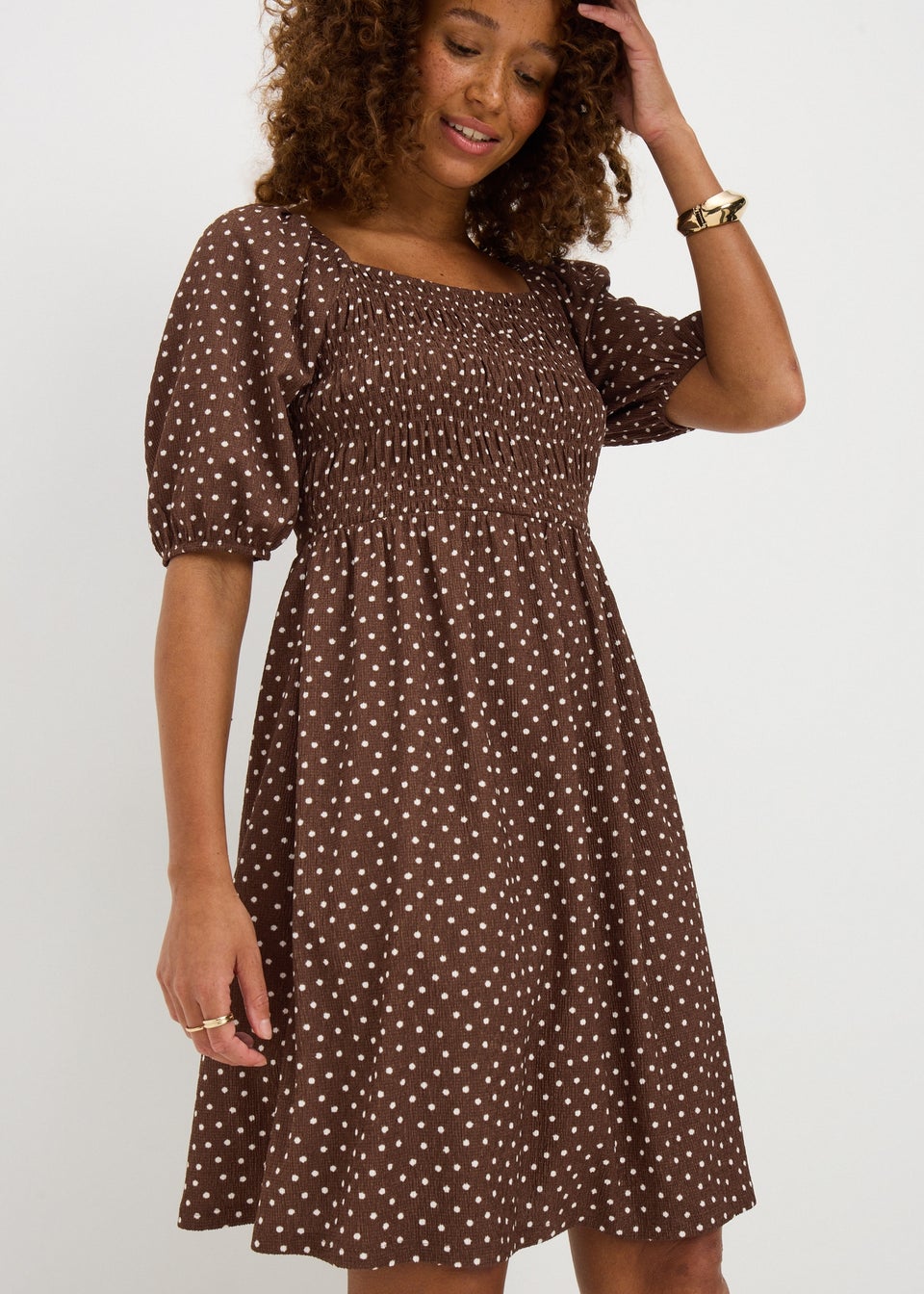 Chocolate Brown Polka Dot Shirred Mini Dress