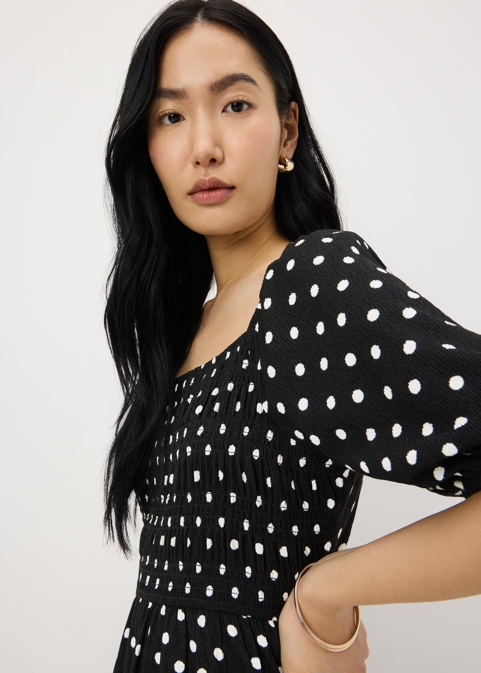Black Polka Dot Jersey Shirred Midi Dress