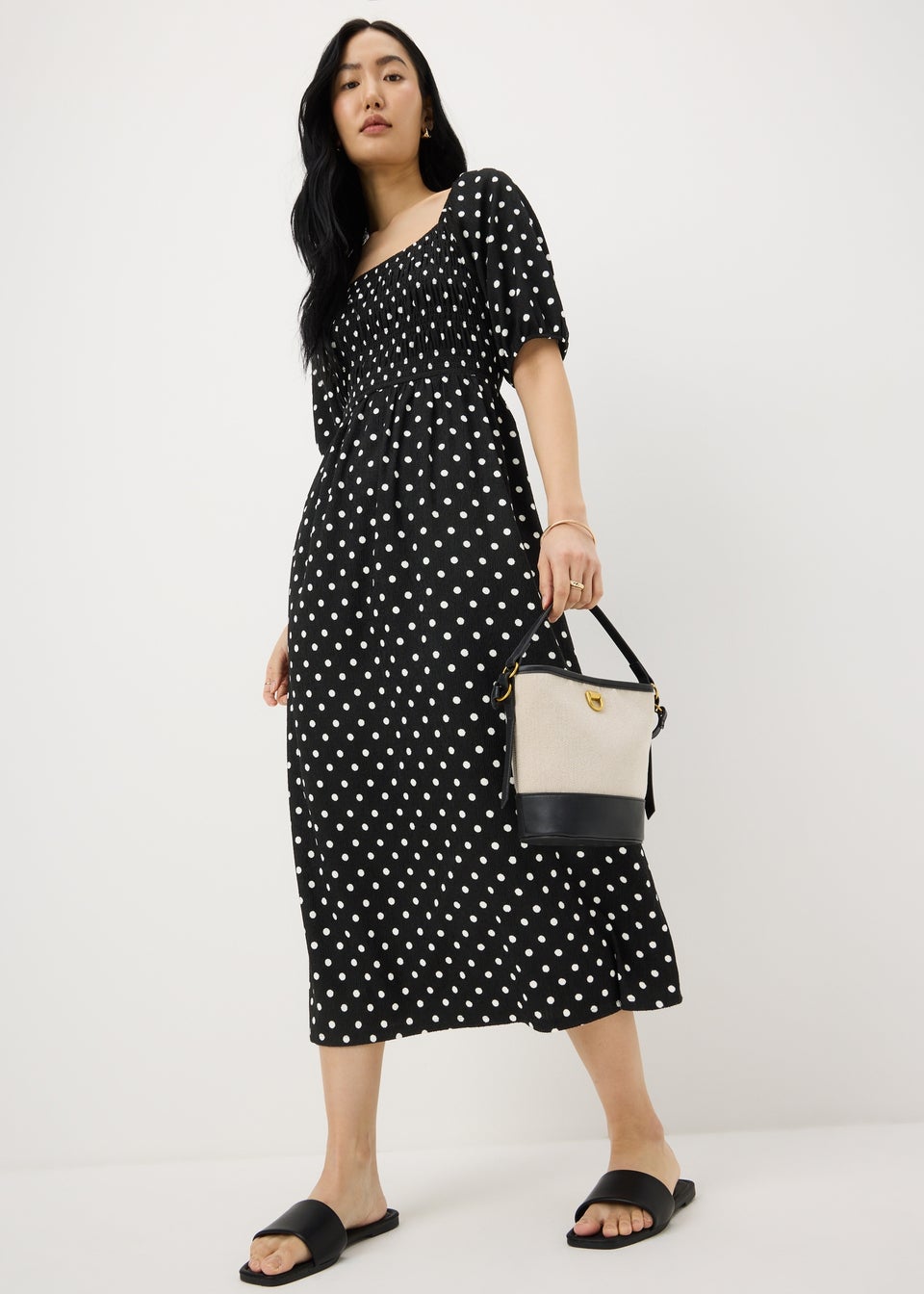Black Polka Dot Jersey Shirred Midi Dress