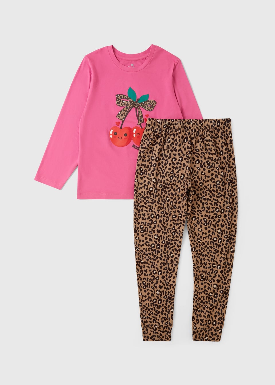 Girls Fuchsia Cherry Leopard Long Pyjama Set (1-7yrs)