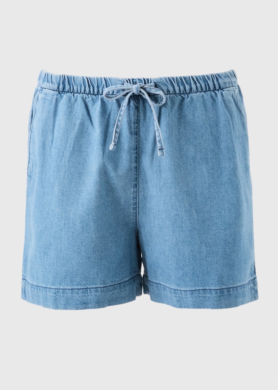 Mid Wash Pull On Denim Shorts