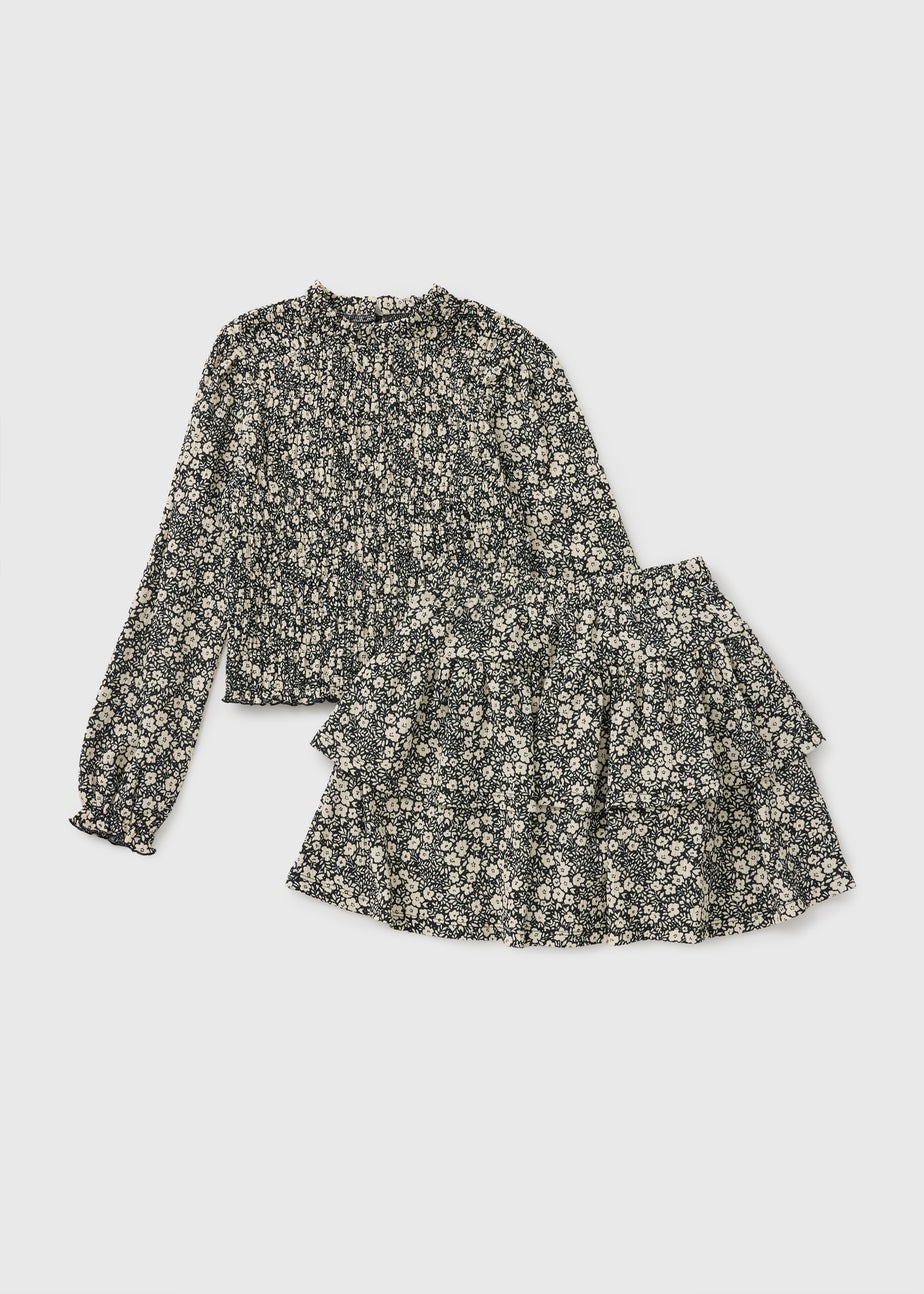 Girls Cream Floral Crinkle Frill Top & Skirt Set (7-15yrs)