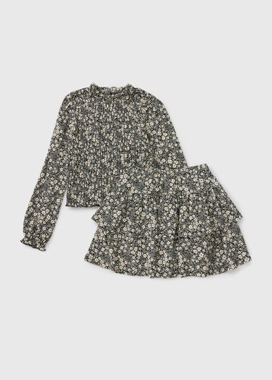 Girls Cream Floral Crinkle Frill Top & Skirt Set (7-15yrs)