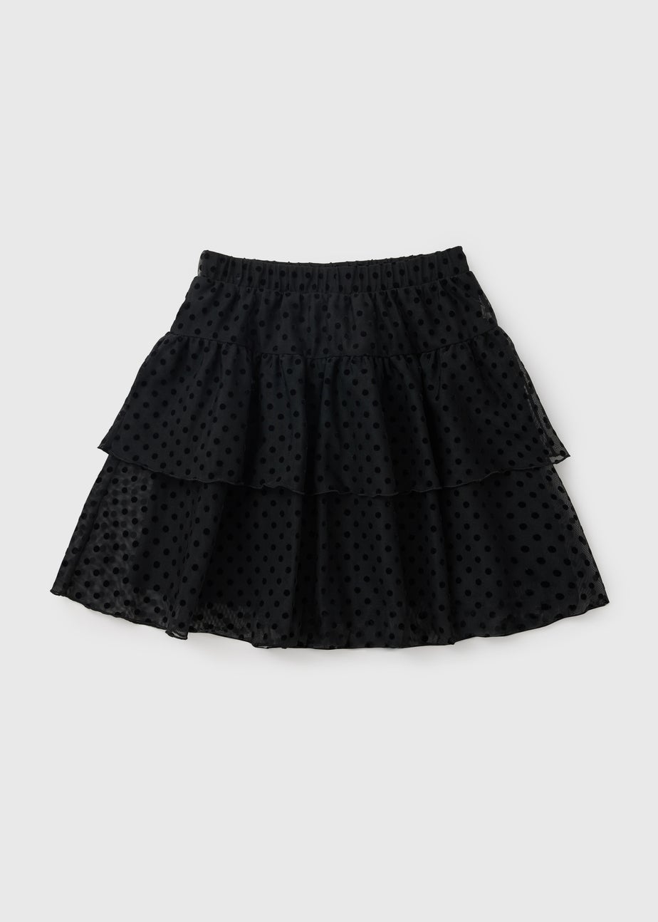 Girls Black Velvet Spot Frill Skirt (7-15yrs)