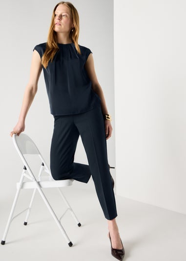Et Vous Navy Satin Pleated Front Top