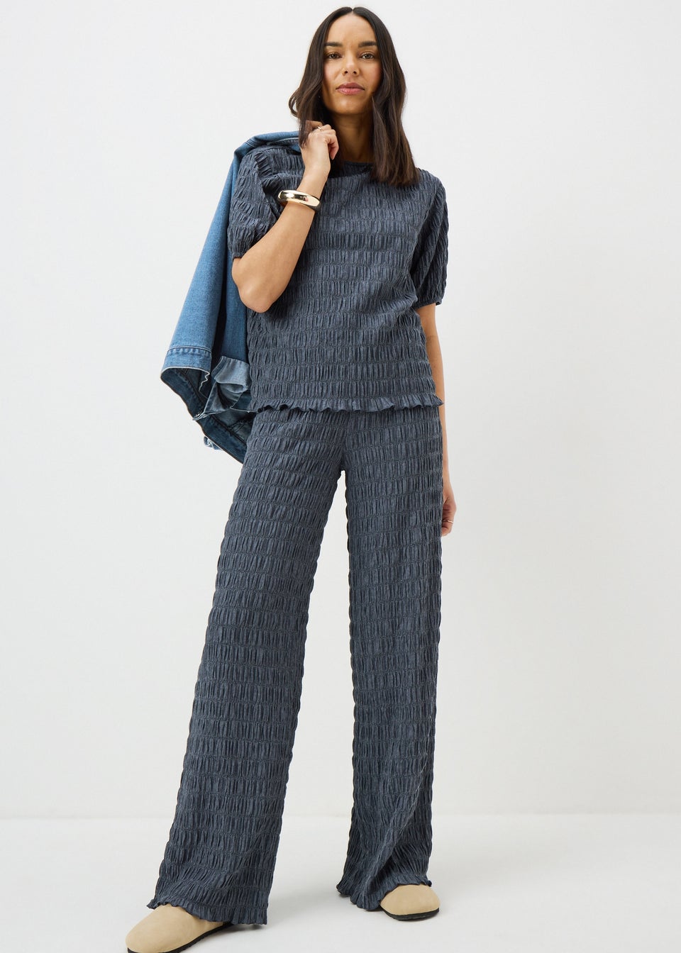 Blue Bubble Texture Wide Leg Co Ord Trousers