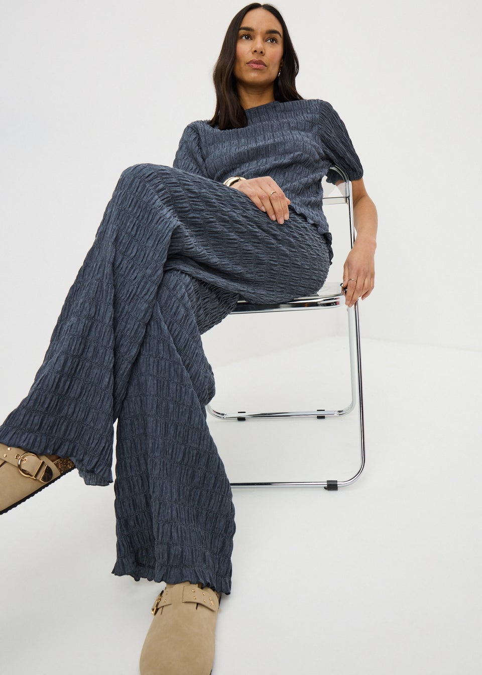 Blue Bubble Texture Wide Leg Co Ord Trousers