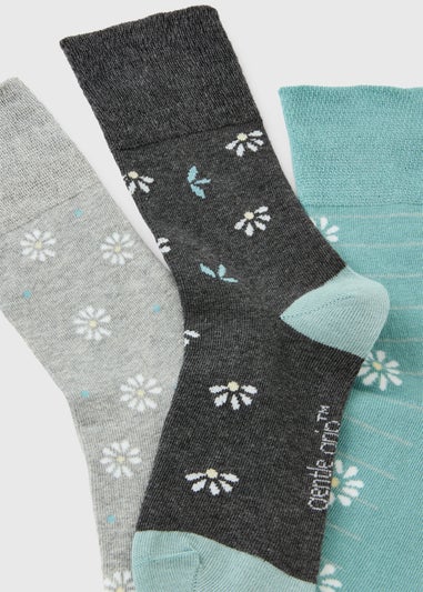 3 Pack Blue Floral Gentle Grip Ankle Socks