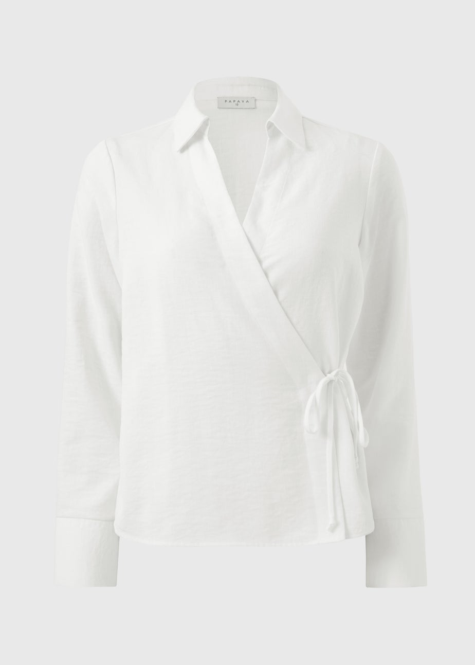 White Tie Waist Wrap Front Shirt