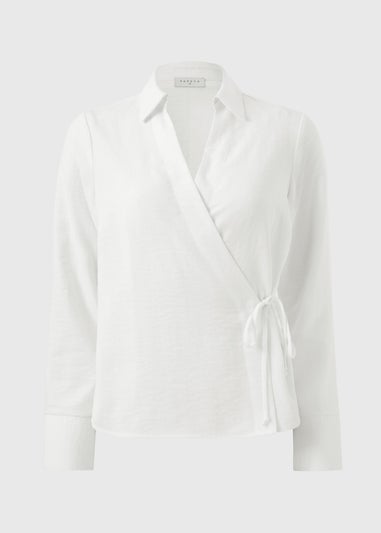 White Tie Waist Wrap Front Shirt