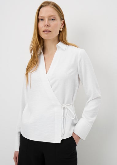 White Tie Waist Wrap Front Shirt