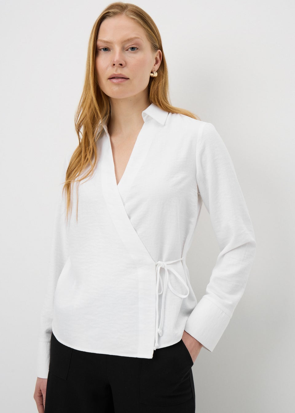 White Tie Waist Wrap Front Shirt