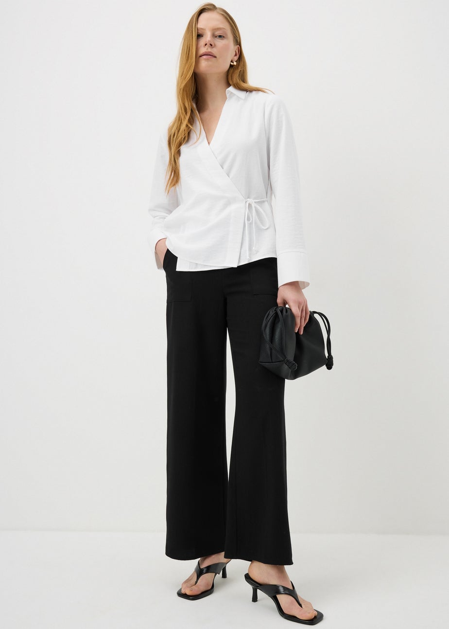 White Tie Waist Wrap Front Shirt