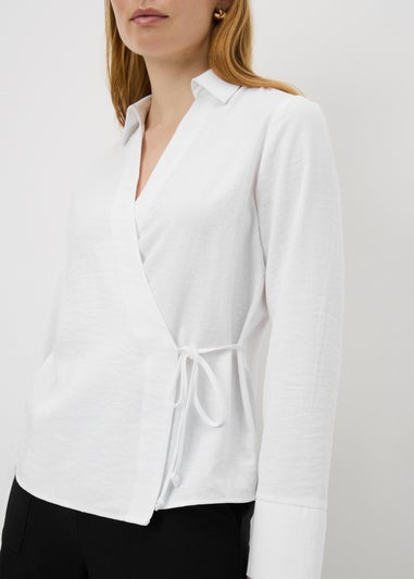 White Tie Waist Wrap Front Shirt