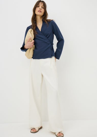 Navy Tie Waist Wrap Front Shirt