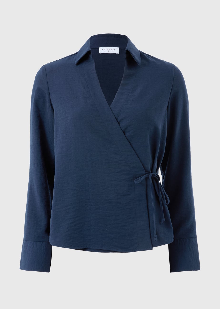 Navy Tie Waist Wrap Front Shirt