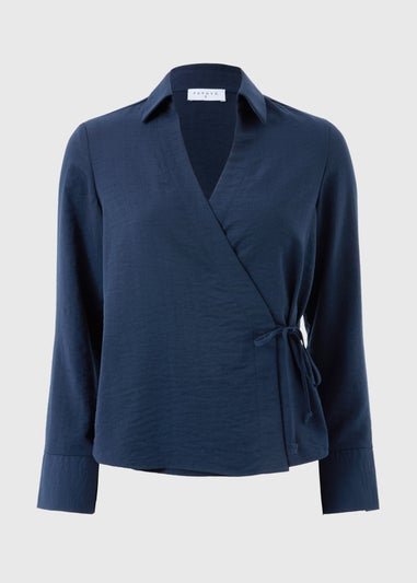 Navy Tie Waist Wrap Front Shirt