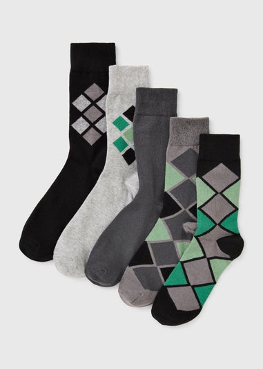5 Pack Grey Argyle Pattern Ankle Socks