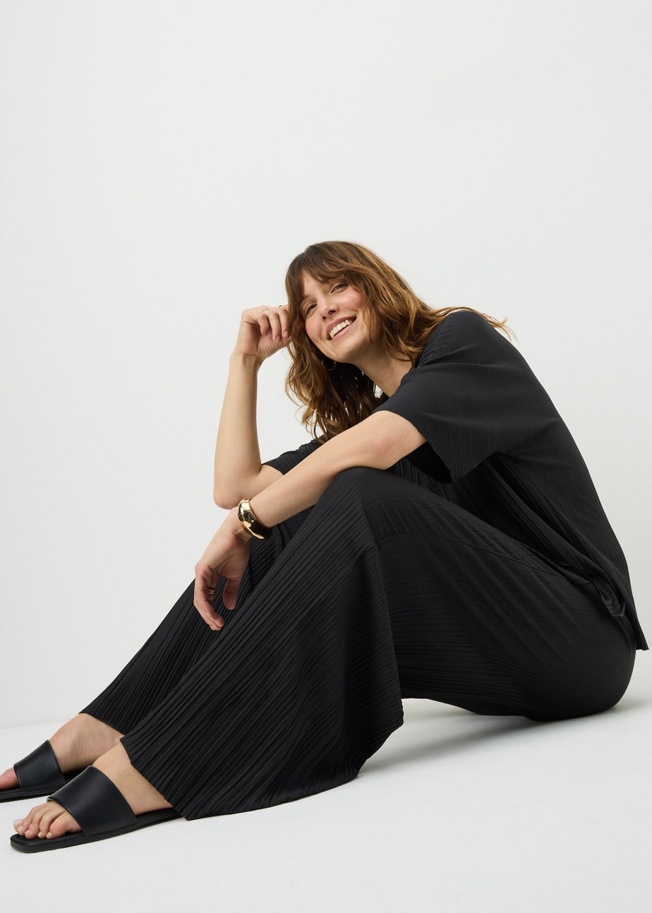 Black Plisse Wide Leg Co Ord Trousers