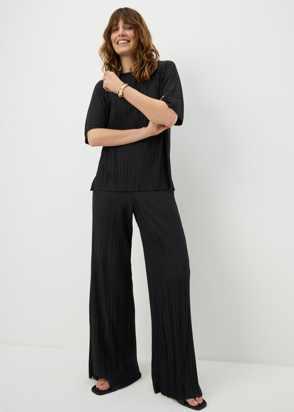 Black Plisse Wide Leg Co Ord Trousers