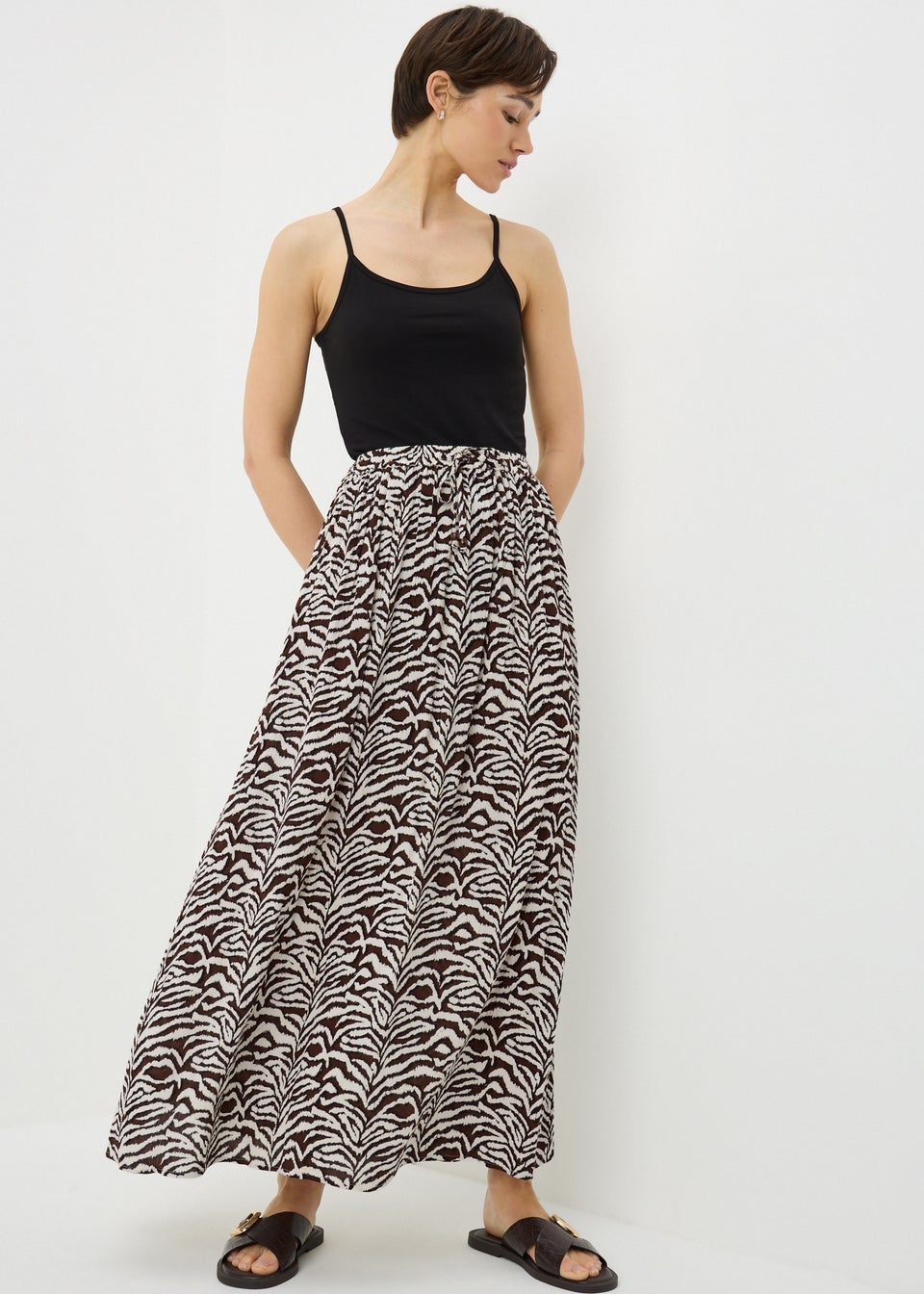 Brown Zebra Print Cheesecloth Maxi Skirt