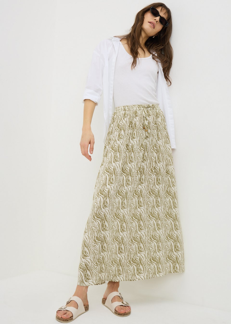Khaki Printed Cheesecloth Maxi Skirt