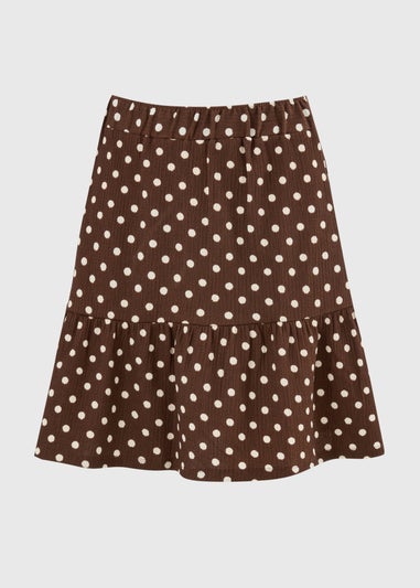Brown Polka Dot Textured Jersey Mini Skirt