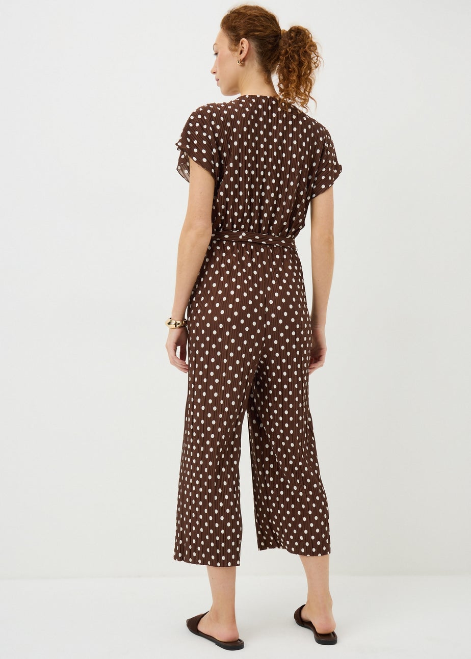 Brown Polka Dot Plisse Belted Jumpsuit