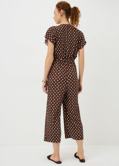 Brown Polka Dot Plisse Belted Jumpsuit