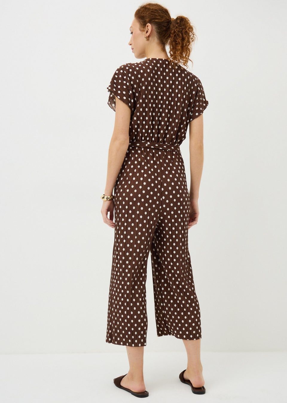 Brown Polka Dot Plisse Belted Jumpsuit