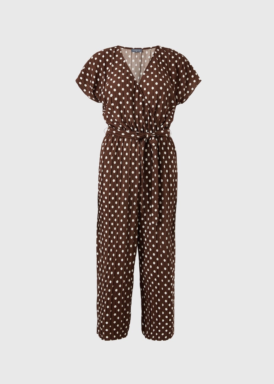 Brown Polka Dot Plisse Belted Jumpsuit