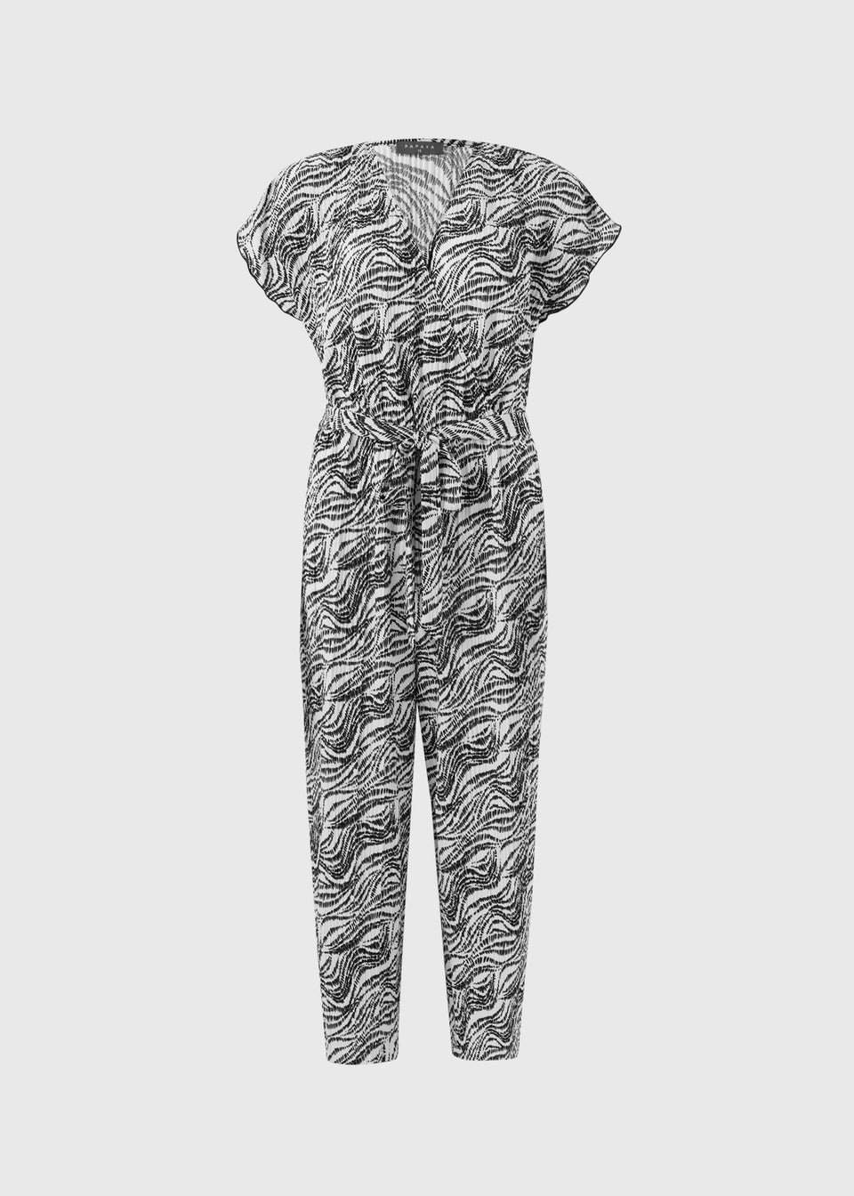 Black Print Plisse Belted Jumpsuit
