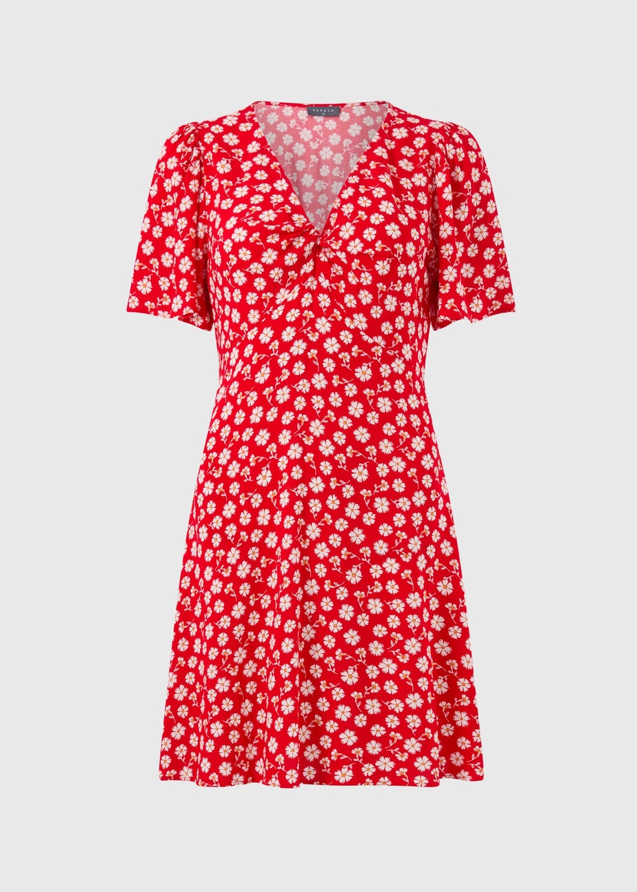 Red Ditsy Floral Print Mini Tea Dress
