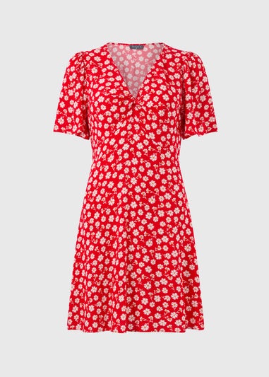 Red Ditsy Floral Print Mini Tea Dress