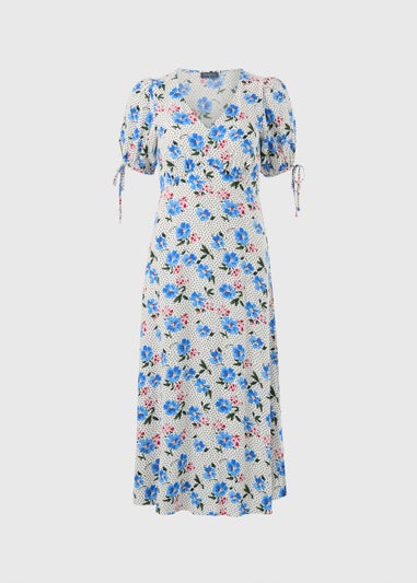 Blue Large Floral Midi Tea Dress
