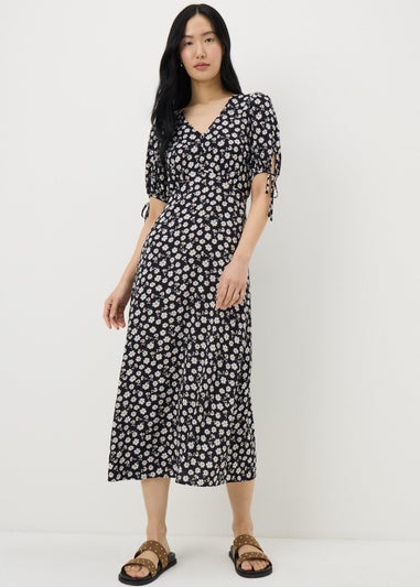 Black Ditsy Floral Midi Tea Dress