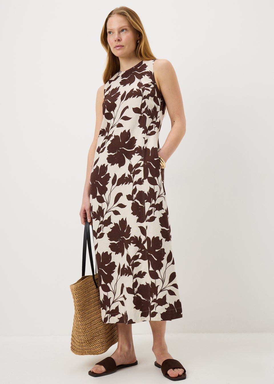 Chocolate Brown Floral Linen Rich Midi Shift Dress