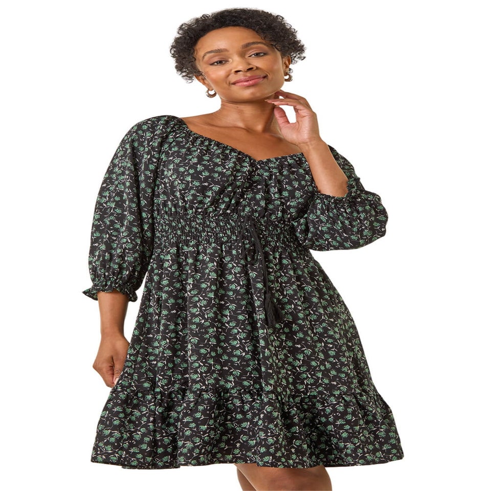 Roman Black Petite Floral Frill Dress