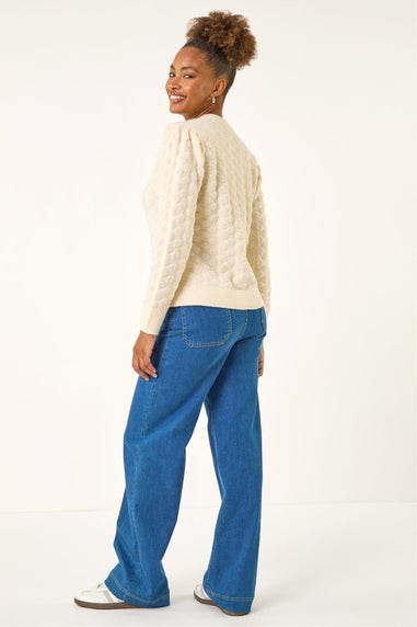 Roman Ivory Textured Buttoned Knit Cardigan