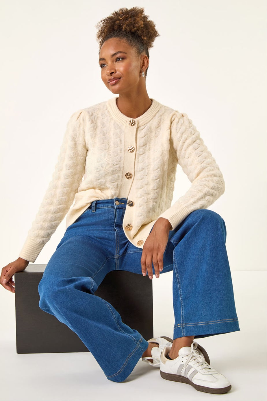 Roman Ivory Textured Buttoned Knit Cardigan