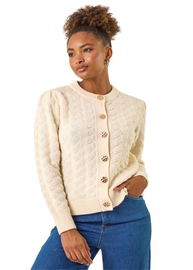 Roman Ivory Textured Buttoned Knit Cardigan