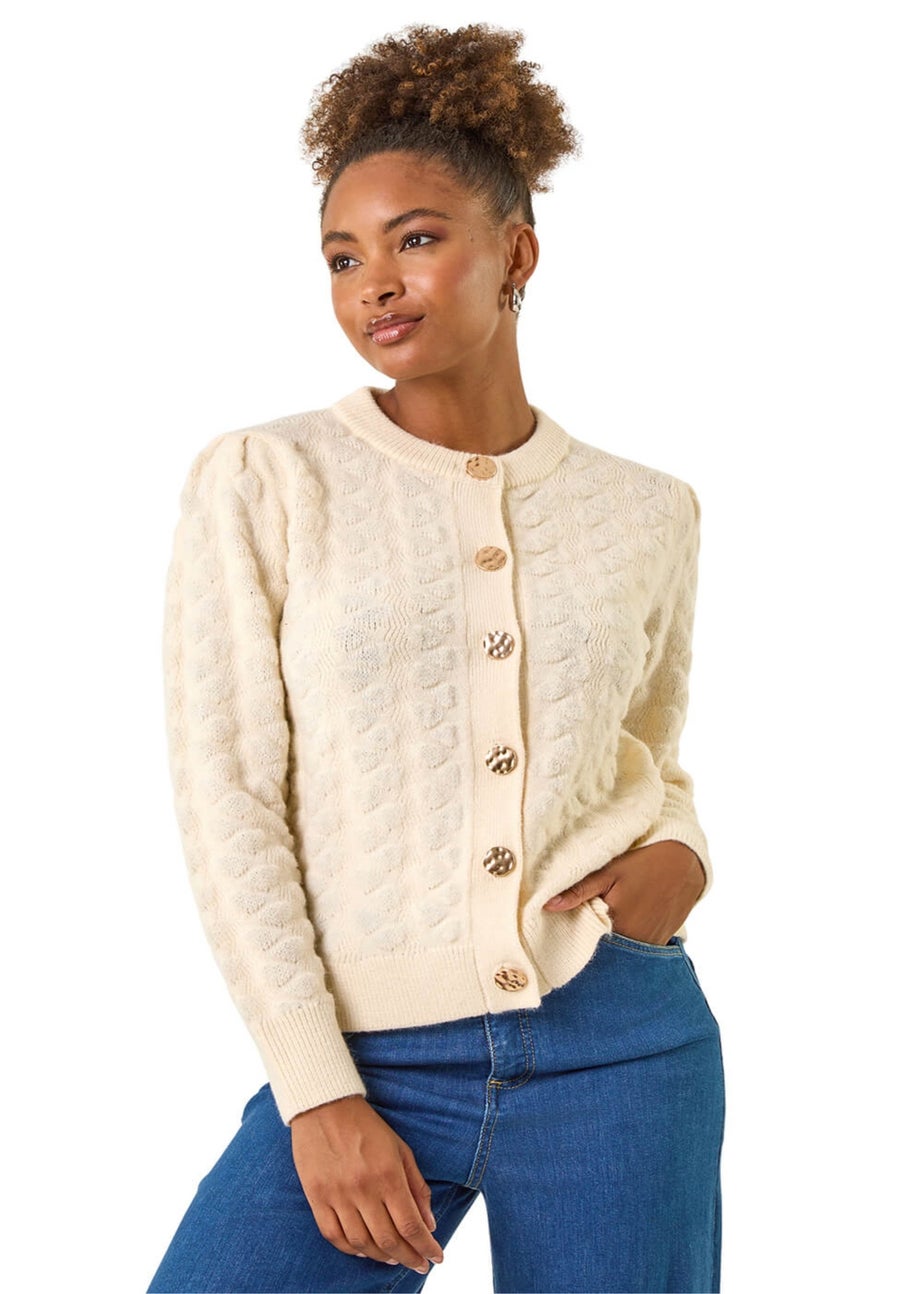 Roman Ivory Textured Buttoned Knit Cardigan