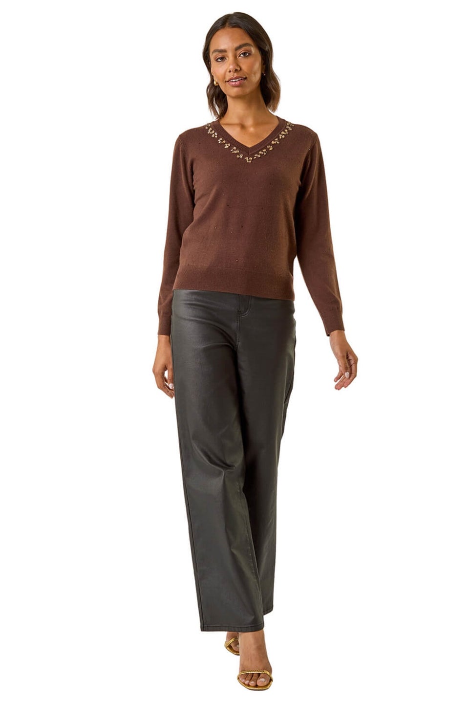 Roman Chocolate V-Neck Hotfix Knit Jumper