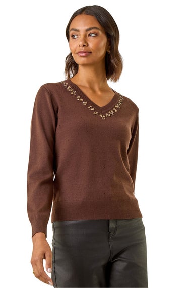 Roman Chocolate V-Neck Hotfix Knit Jumper
