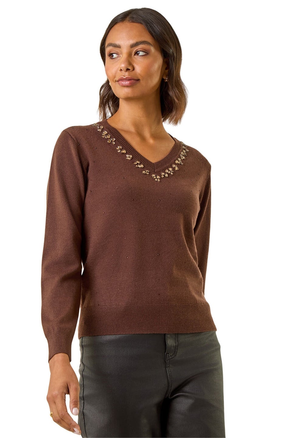 Roman Chocolate V-Neck Hotfix Knit Jumper
