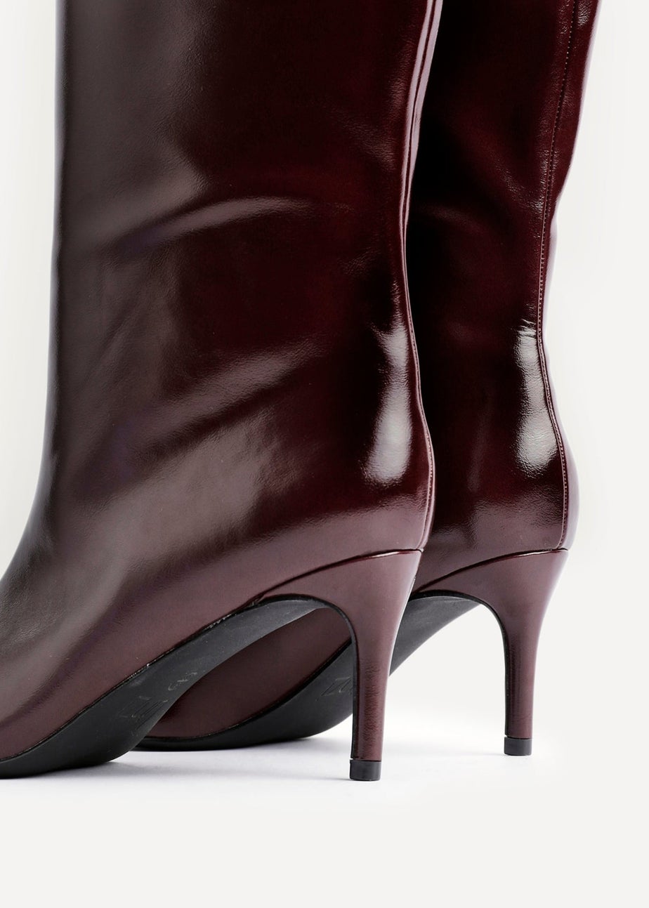 Linzi Onyx Burgundy High Shine Pointed Toe High Leg Heeled Boots