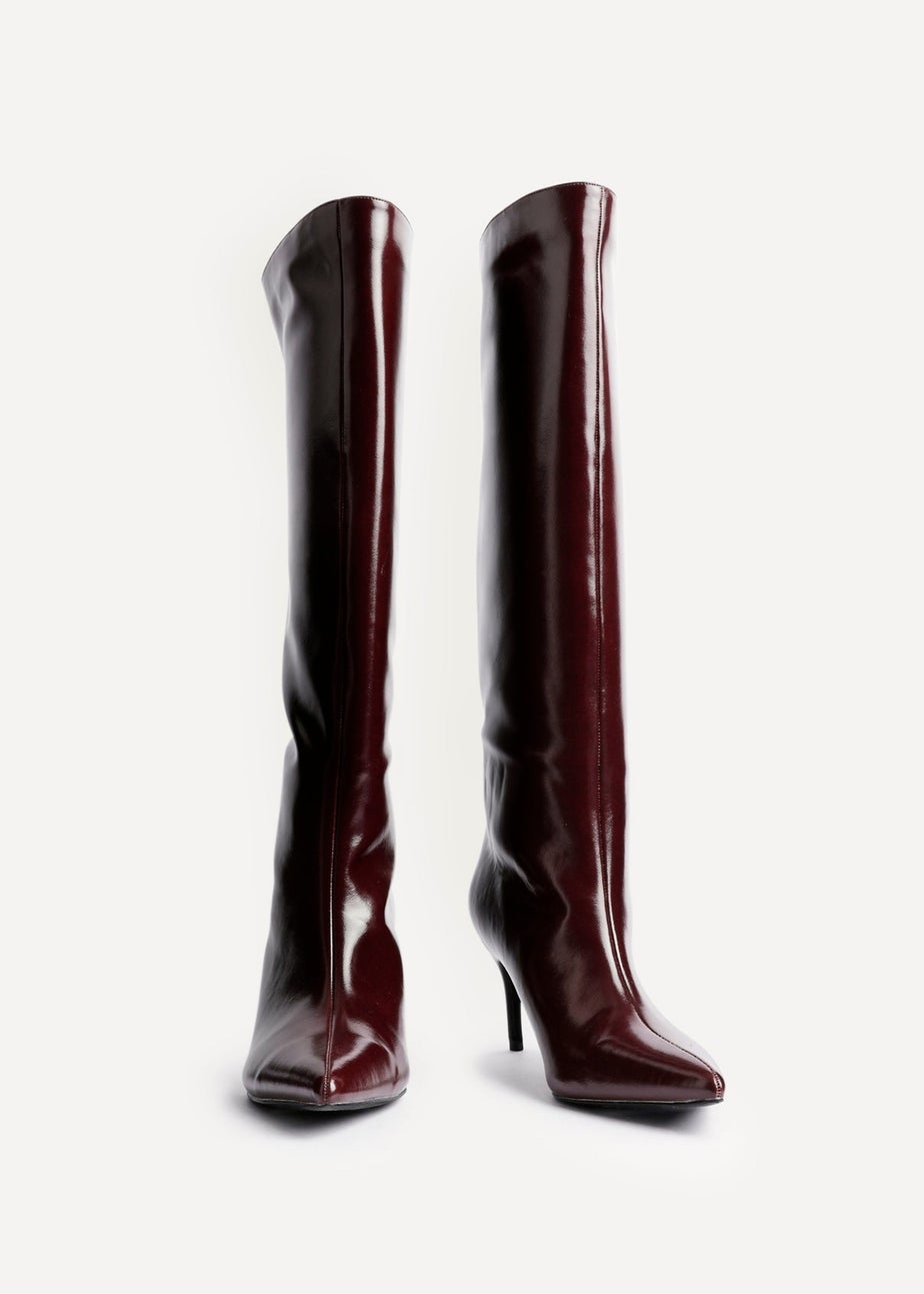 Linzi Onyx Burgundy High Shine Pointed Toe High Leg Heeled Boots