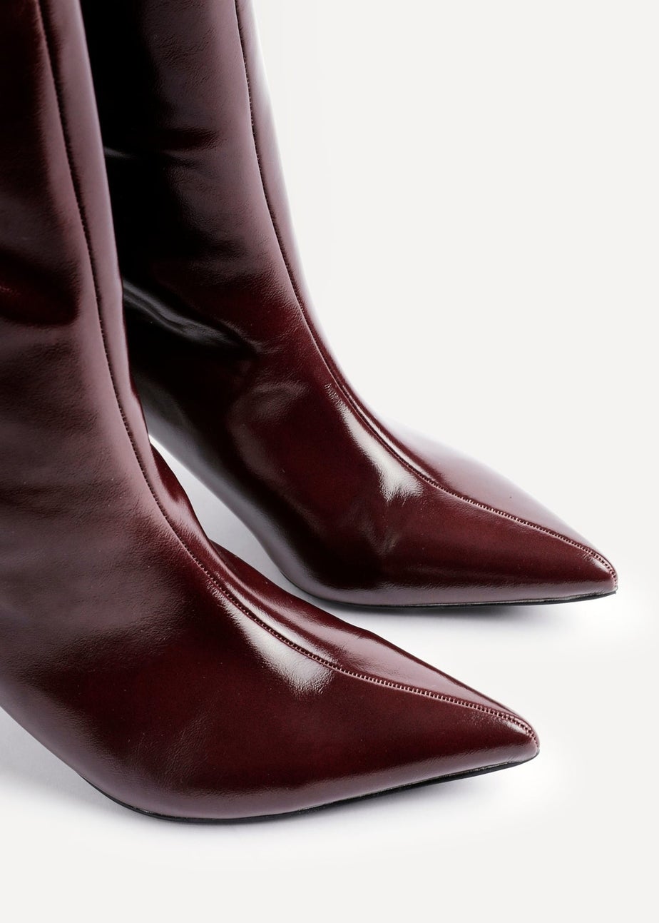 Linzi Onyx Burgundy High Shine Pointed Toe High Leg Heeled Boots