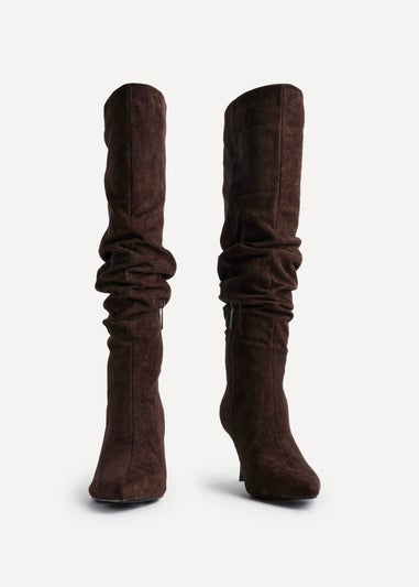 Linzi Rosenna Brown Suede Ruched High Leg Heeled Boot