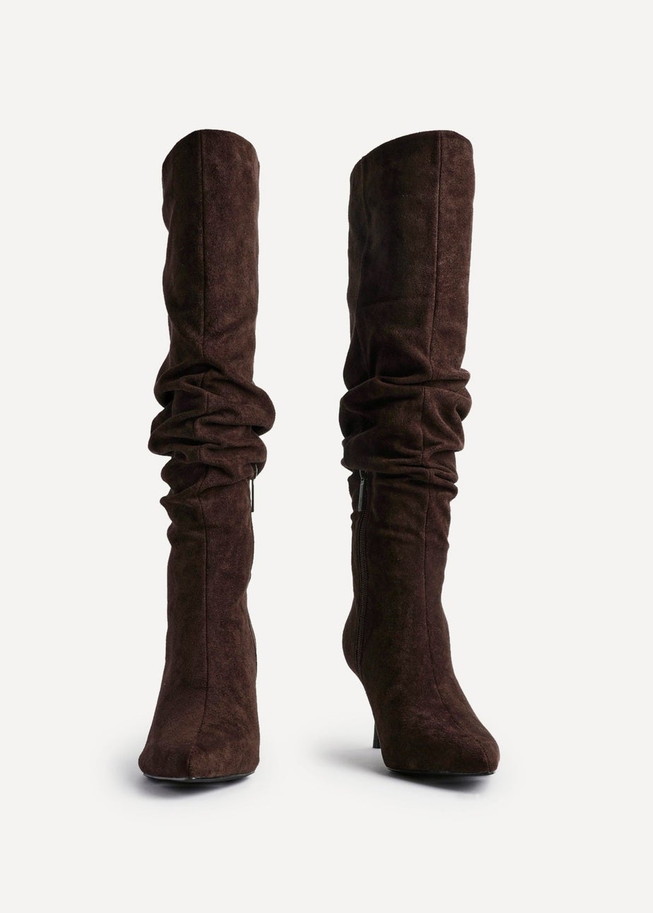 Linzi Rosenna Brown Suede Ruched High Leg Heeled Boot